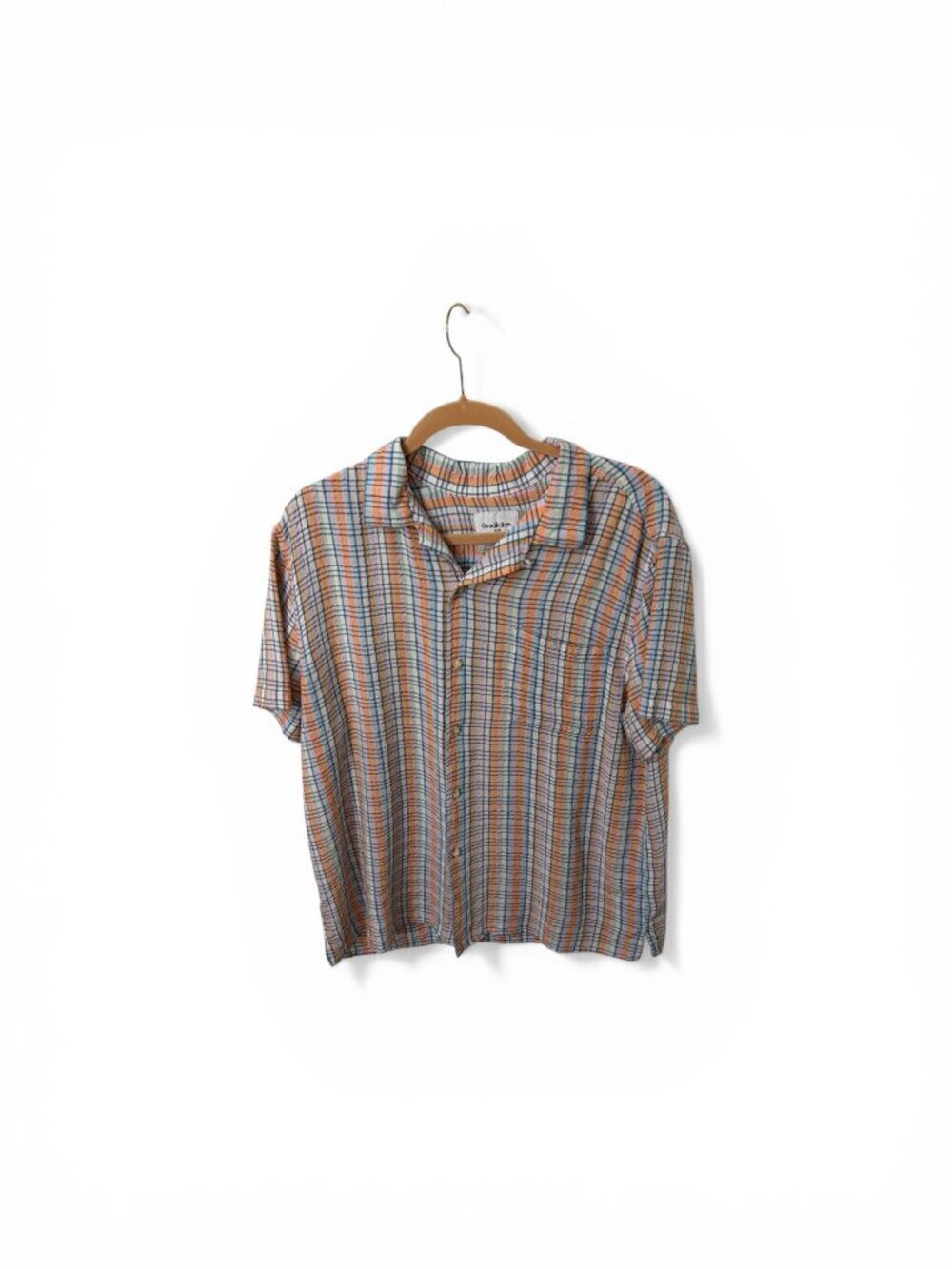 Goodfellow Short Sleeve Button-Up Plaid Camp Shirt Blue Peach Recycled Men's XL - Picture 2 of 5